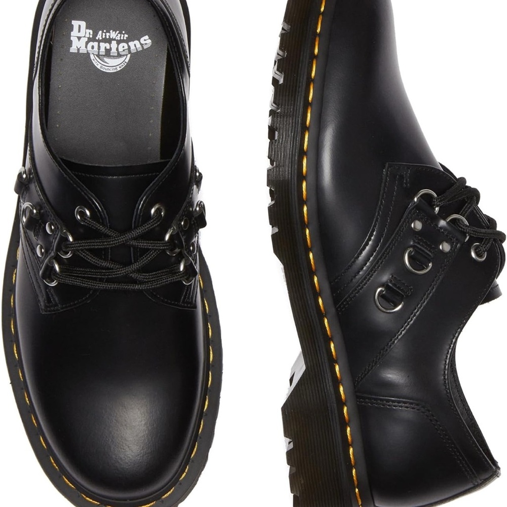 Dr. Martens Black Leather Lace-Up Women’s Shoes with Yellow Stitching - Picture 12 of 13